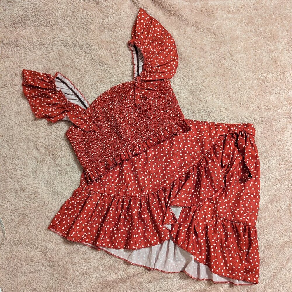 Shein Red Hearts Tube Crop Top/ Wrapped Mini Skirt Set, Size L
